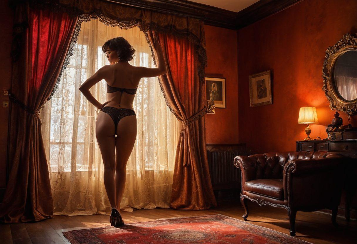 A sultry, dimly-lit room with a vintage striptease stage, featuring elegant curtains and a shimmering spotlight. In the foreground, a confident figure in an alluring outfit poses gracefully, showcasing a blend of seduction and artistry. The background has hints of fetish elements, such as lace and leather accessories, subtly integrated into the ambiance. Mystical shadows dance across the walls, creating a captivating atmosphere. vibrant colors. painting.