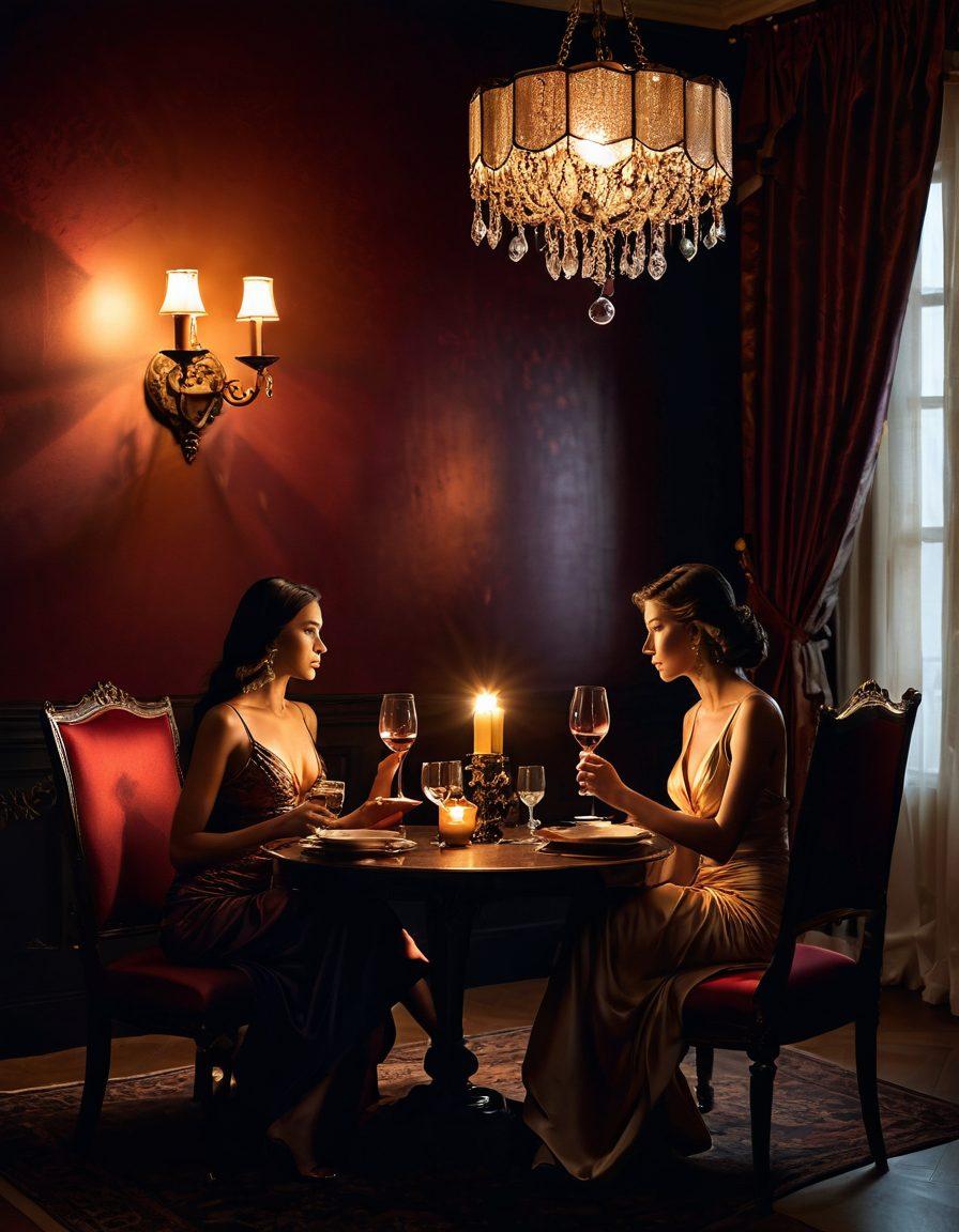 A seductive and elegant scene featuring a dimly lit room adorned with luxurious silk fabrics, shimmering wine glasses, and playful shadows. Incorporate silhouettes of two entwined lovers softly illuminated by candlelight, capturing an atmosphere of allure and mystery. A subtle touch of exotic elements, like ornate lamps and rich tapestries, to enhance the sensuality of the setting. dramatic lighting. super-realistic. rich colors.