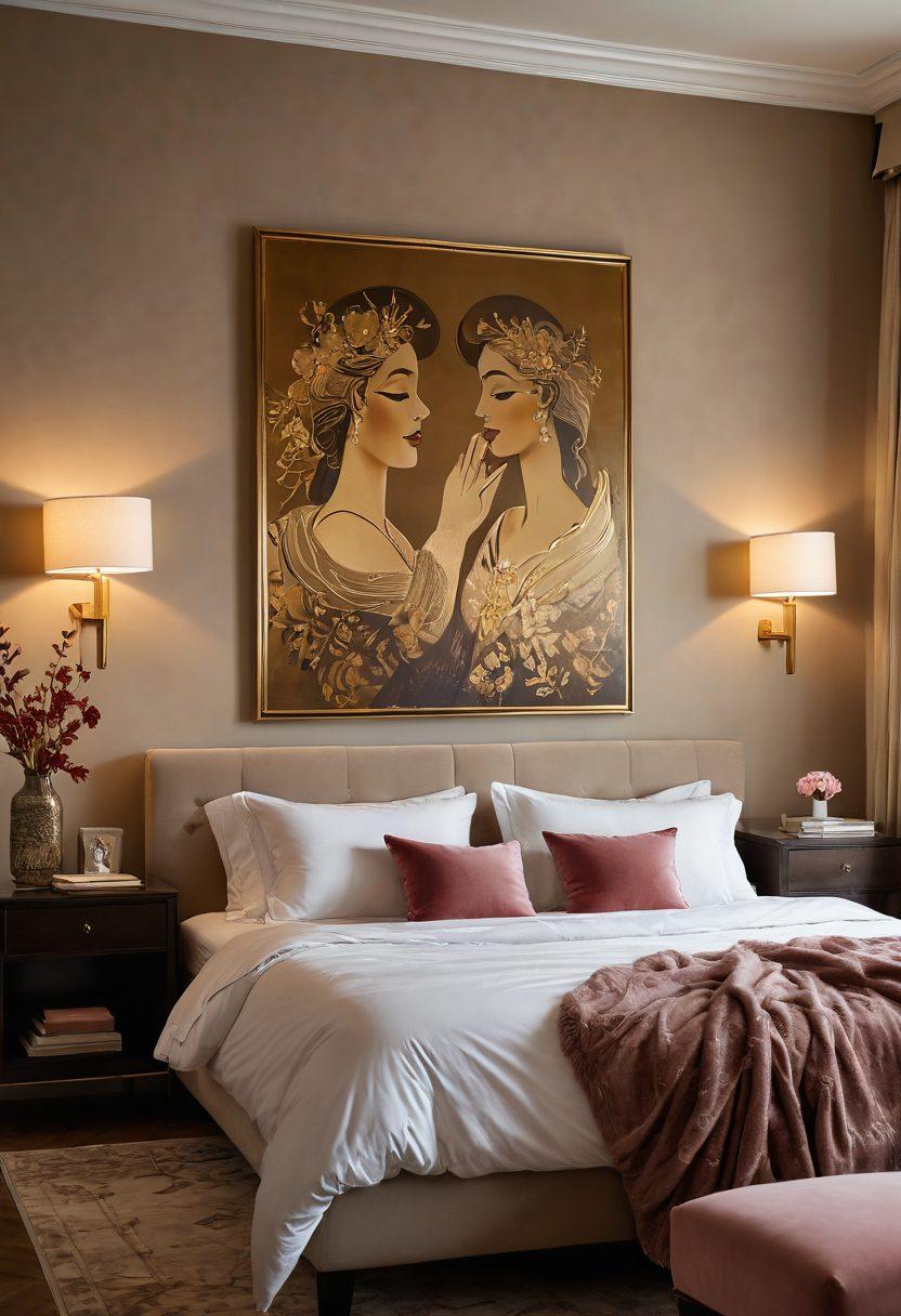 A luxurious bedroom setting with a plush bed, soft golden lighting, and sensual artwork on the walls. In the foreground, an open book with pages filled with alluring poetry and illustrations, hinting at various moods. Subtle silhouettes of intimate couples can be seen in the background, creating an atmosphere of allure and intrigue. The color palette should be rich and warm, evoking a feeling of passion and romance. super-realistic. vibrant colors.